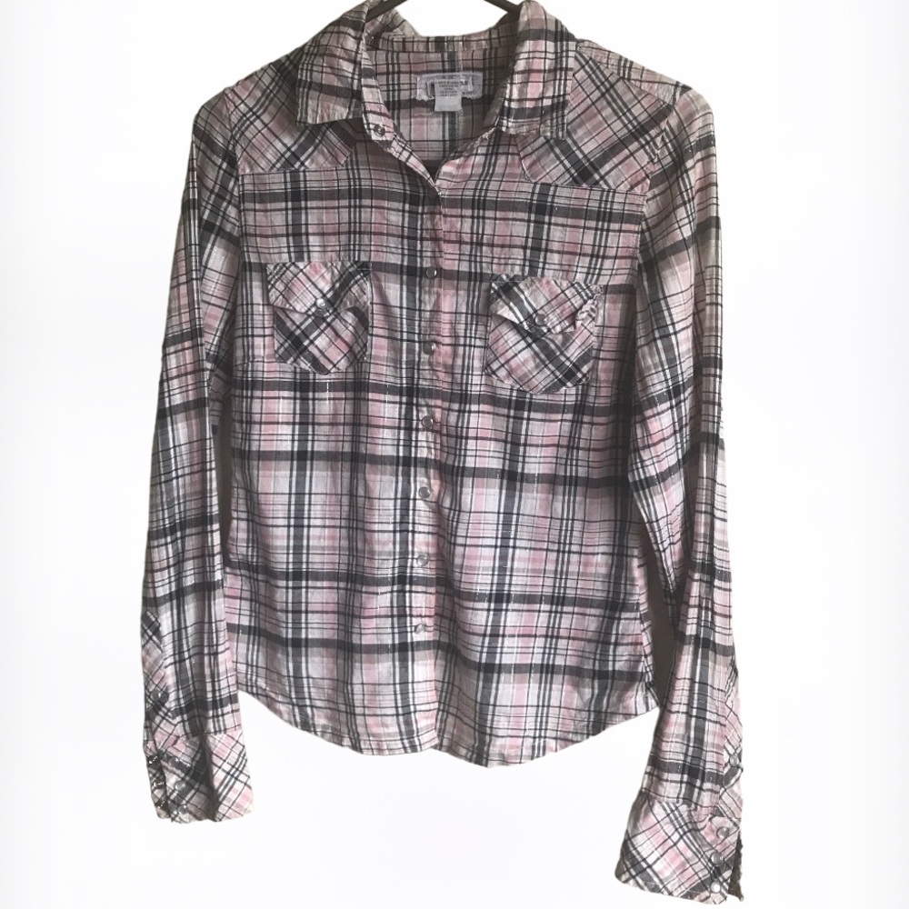 STREETWEAR SOCIETY Y2K Plaid Sparkle Snap Front Button Shirt Sz M